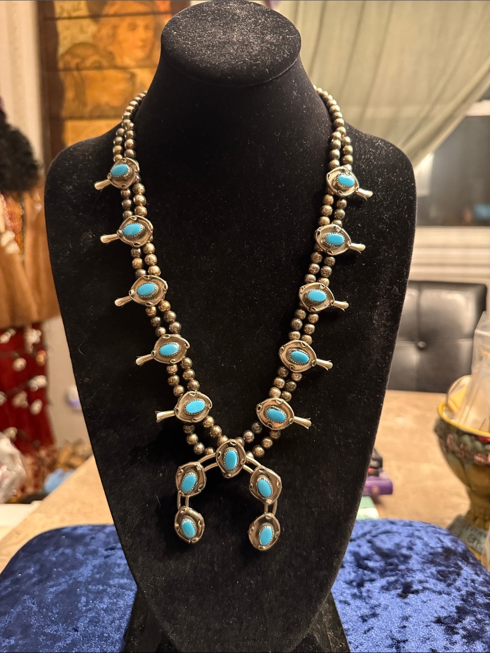 Vintage nickel, silver squash, blossom necklace, gorgeous glass, turquoise stone